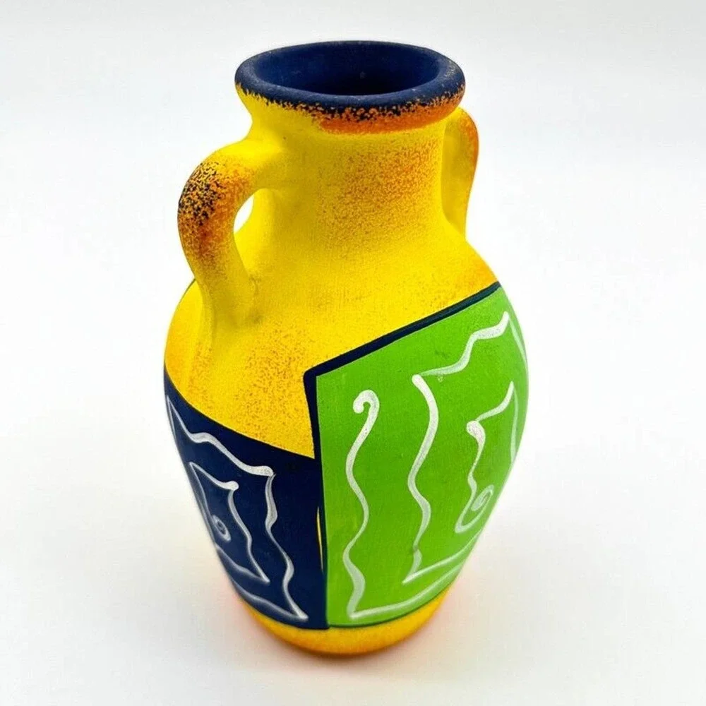Art. F. Diaz Vase Post Modern 90s Hand Painted Yellow Matte Glaze Signed